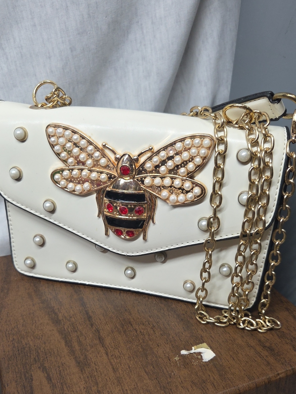 Bee Bag With White Pearls And Red Crystal Chain Strap Crossbody